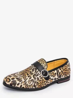 Leopard Slip On Loafers Round Toe Buckle Detail Casual Shoes