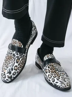 Leopard Slip On Loafers Round Toe Buckle Detail Casual Shoes