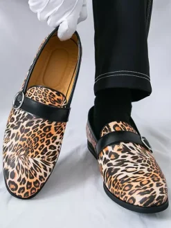 Leopard Slip On Loafers Round Toe Buckle Detail Casual Shoes