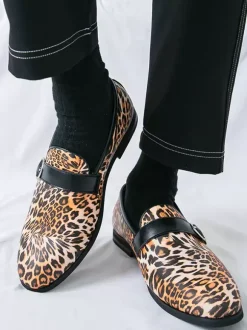 Leopard Slip On Loafers Round Toe Buckle Detail Casual Shoes