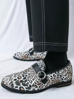 Leopard Slip On Loafers Round Toe Buckle Detail Casual Shoes