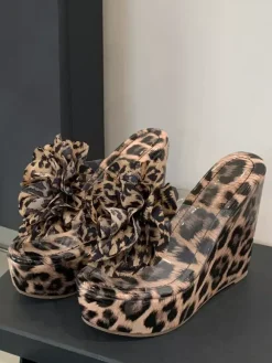 Leopard Wedge Sandals Platform Open Toe Flowers Detail Sandal Wedges