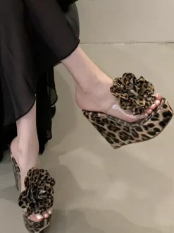 Leopard Wedge Sandals Platform Open Toe Flowers Detail Sandal Wedges