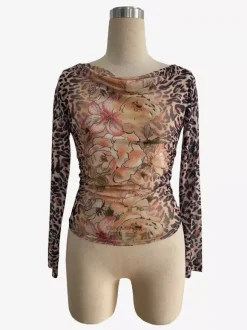Leopard And Floral Print Cowl Neck Mesh Long Sleeve Top For Women 2026