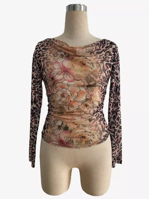 Leopard And Floral Print Cowl Neck Mesh Long Sleeve Top For Women 2026
