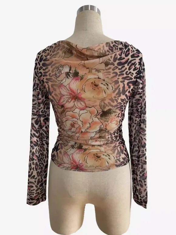 Leopard And Floral Print Cowl Neck Mesh Long Sleeve Top For Women 2026