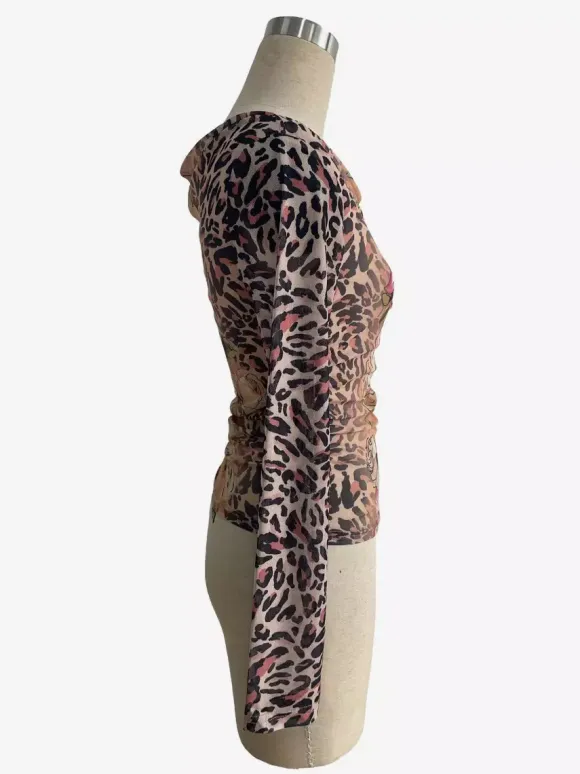 Leopard And Floral Print Cowl Neck Mesh Long Sleeve Top For Women 2026