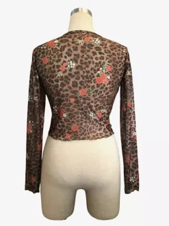 Leopard And Rose Floral Print Mesh Slim Fit Long Sleeve Crop Top For Women 2026