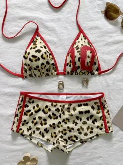 Leopard Bikini Set For Women - Triangle Halter Top With Boyshorts Sporty Two Piece Bathing Suit - Summer Beach 2026