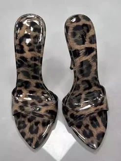Leopard High Heel Slippers Open Toe Stiletto Heel Backless Sandals