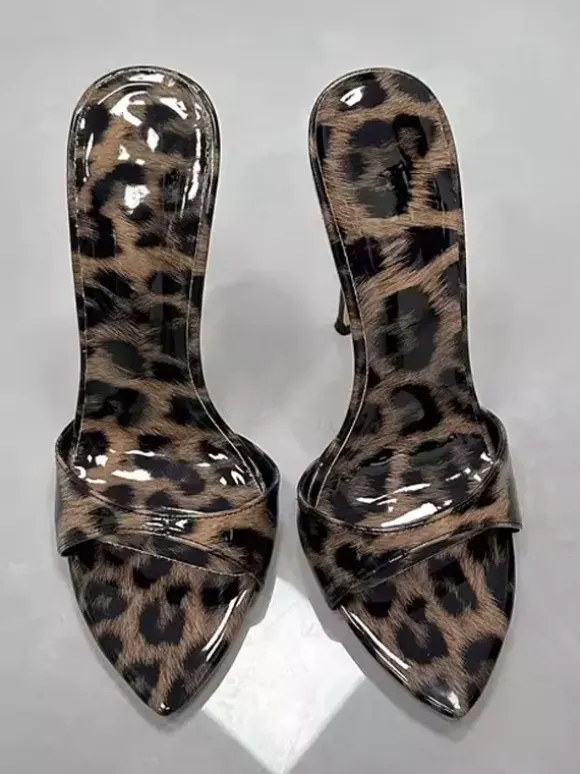 Leopard High Heel Slippers Open Toe Stiletto Heel Backless Sandals