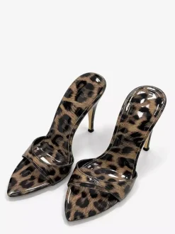 Leopard High Heel Slippers Open Toe Stiletto Heel Backless Sandals