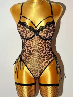 Leopard Lace Crisscross Side Tie Teddy Bodysuit