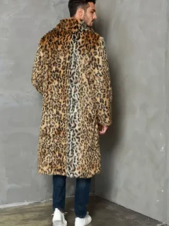 Leopard Long Men's Faux Fur Coat Winter Warm Long-Sleeved Jacket with Turn-Down Collar