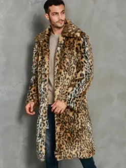 Leopard Long Men's Faux Fur Coat Winter Warm Long-Sleeved Jacket with Turn-Down Collar