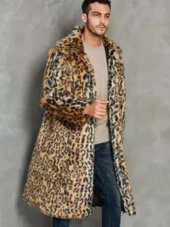 Leopard Long Men's Faux Fur Coat Winter Warm Long-Sleeved Jacket with Turn-Down Collar