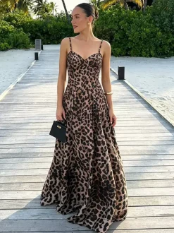 Leopard Maxi Sundress For Women - Animal Print Sexy Spaghetti Strap Flare Long Dress - Summer Beach Vacation 2026