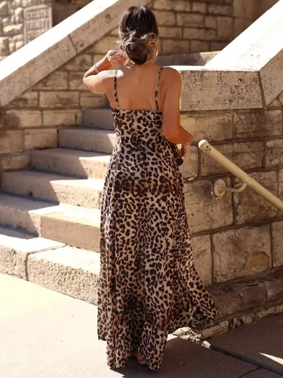 Leopard Maxi Sundress For Women - Animal Print Sexy Spaghetti Strap Flare Long Dress - Summer Beach Vacation 2026