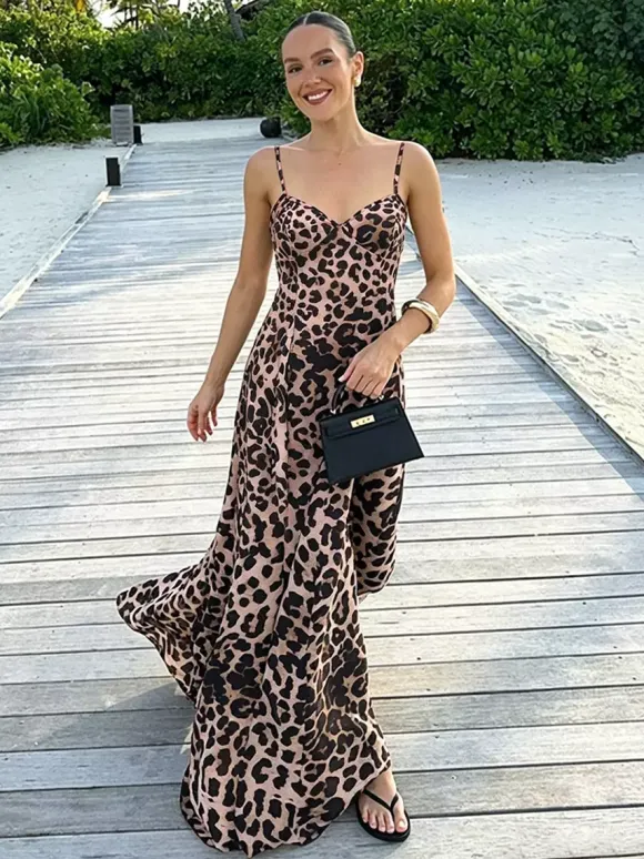 Leopard Maxi Sundress For Women - Animal Print Sexy Spaghetti Strap Flare Long Dress - Summer Beach Vacation 2026