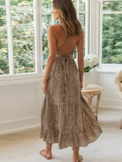 Leopard Maxi Sundress for Women - Brown Print Spaghetti Strap V Neck Tiered Fit and Flare Dress - Summer Beach 2026