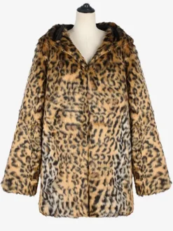 Leopard Men's Faux Fur Coat Winter Warm Long-Sleeved Jacket with Turn-Down Collar and Hood