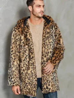 Leopard Men's Faux Fur Coat Winter Warm Long-Sleeved Jacket with Turn-Down Collar and Hood