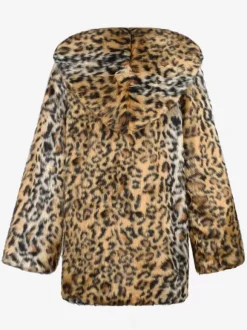 Leopard Men's Faux Fur Coat Winter Warm Long-Sleeved Jacket with Turn-Down Collar and Hood