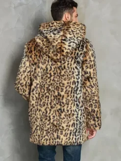 Leopard Men's Faux Fur Coat Winter Warm Long-Sleeved Jacket with Turn-Down Collar and Hood