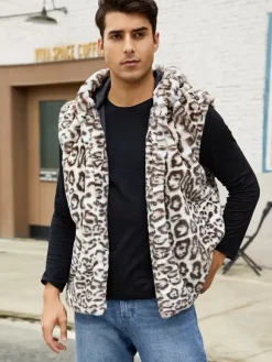 Leopard Men's Faux Fur Vest Winter Warm Sleeveless Jacket with Turn-Down Collar and Hood