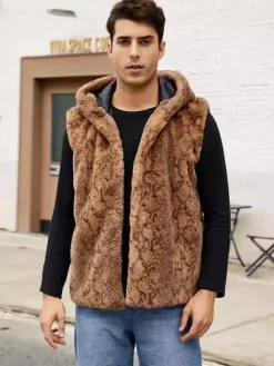 Leopard Men's Faux Fur Vest Winter Warm Sleeveless Jacket with Turn-Down Collar and Hood