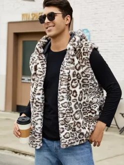 Leopard Men's Faux Fur Vest Winter Warm Sleeveless Jacket with Turn-Down Collar and Hood