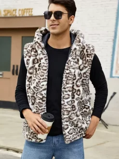 Leopard Men's Faux Fur Vest Winter Warm Sleeveless Jacket with Turn-Down Collar and Hood