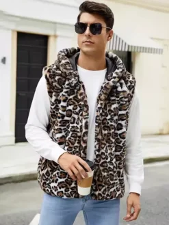 Leopard Men's Faux Fur Vest Winter Warm Sleeveless Jacket with Turn-Down Collar and Hood
