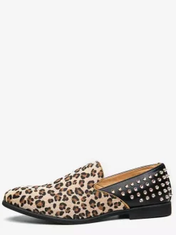 Leopard Men's Loafers Suede Round Toe Rivets Slip On Shoes