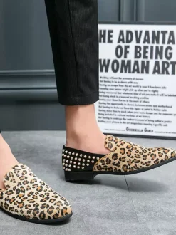 Leopard Men's Loafers Suede Round Toe Rivets Slip On Shoes
