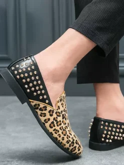 Leopard Men's Loafers Suede Round Toe Rivets Slip On Shoes