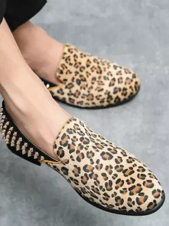 Leopard Men's Loafers Suede Round Toe Rivets Slip On Shoes