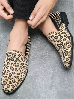 Leopard Men's Loafers Suede Round Toe Rivets Slip On Shoes