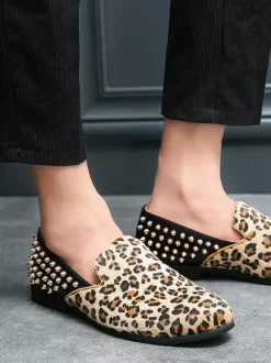 Leopard Men's Loafers Suede Round Toe Rivets Slip On Shoes