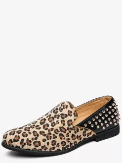 Leopard Men's Loafers Suede Round Toe Rivets Slip On Shoes