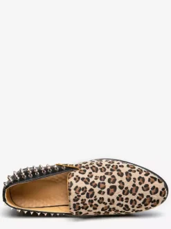 Leopard Men's Loafers Suede Round Toe Rivets Slip On Shoes