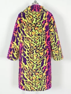 Leopard Pink Yellow Men's Faux Fur Coat Winter Warm Long-Sleeved Jacket with Turn-Down Collar