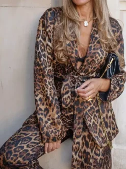 Leopard Print Belted Blazer And Wide Leg Pants Set For Women - Notch Lapel Long Sleeve Co-ord Suit - Spring Streetwear 2026