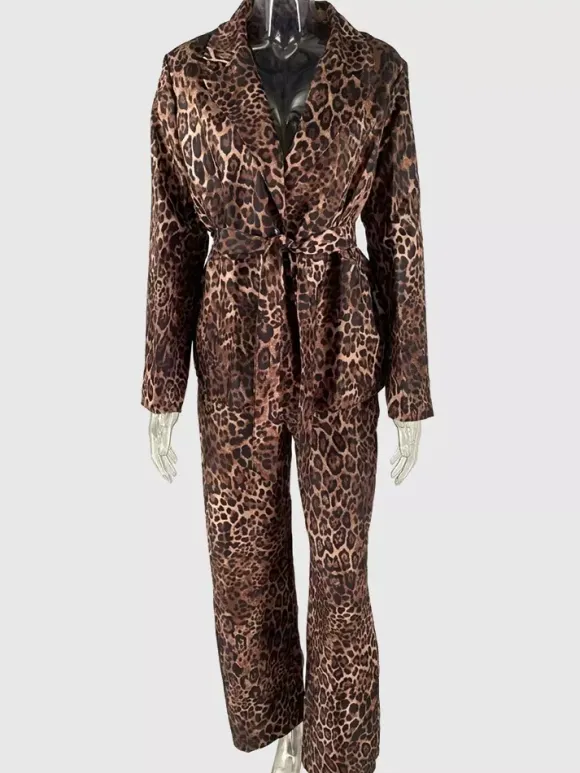 Leopard Print Belted Blazer And Wide Leg Pants Set For Women - Notch Lapel Long Sleeve Co-ord Suit - Spring Streetwear 2026