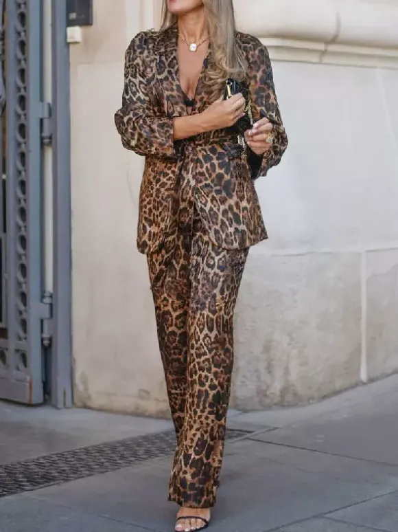 Leopard Print Belted Blazer And Wide Leg Pants Set For Women - Notch Lapel Long Sleeve Co-ord Suit - Spring Streetwear 2026