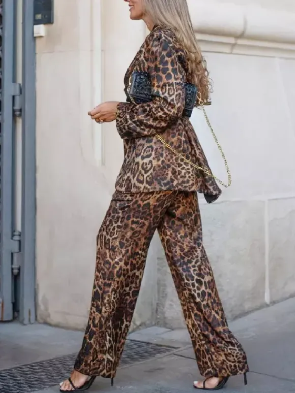 Leopard Print Belted Blazer And Wide Leg Pants Set For Women - Notch Lapel Long Sleeve Co-ord Suit - Spring Streetwear 2026
