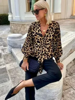 Leopard Print Blouse With Tie Detail V-neck Lantern Sleeves Top For Women 2026