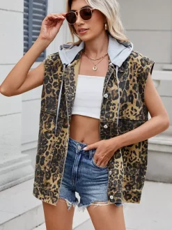 Leopard Print Denim Vest For Women - Animal Pattern Oversized Sleeveless Jean Jacket Coat - Spring Summer Streetwear 2026