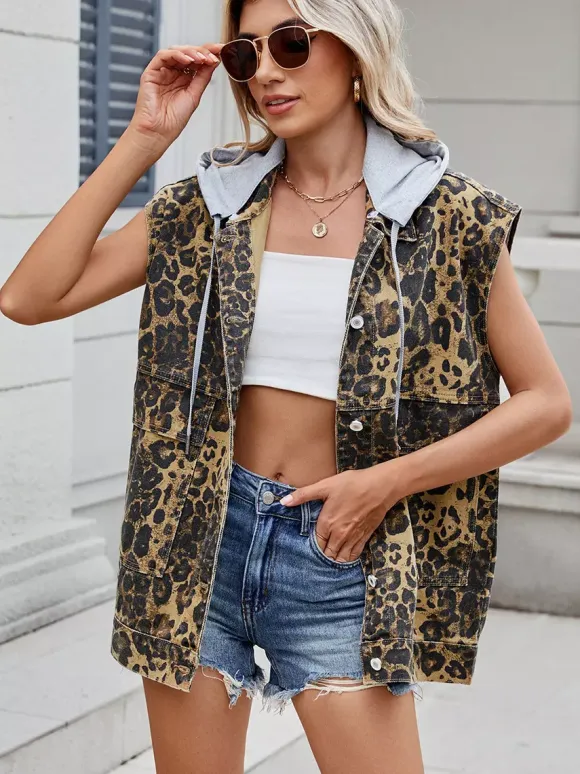 Leopard Print Denim Vest For Women - Animal Pattern Oversized Sleeveless Jean Jacket Coat - Spring Summer Streetwear 2026