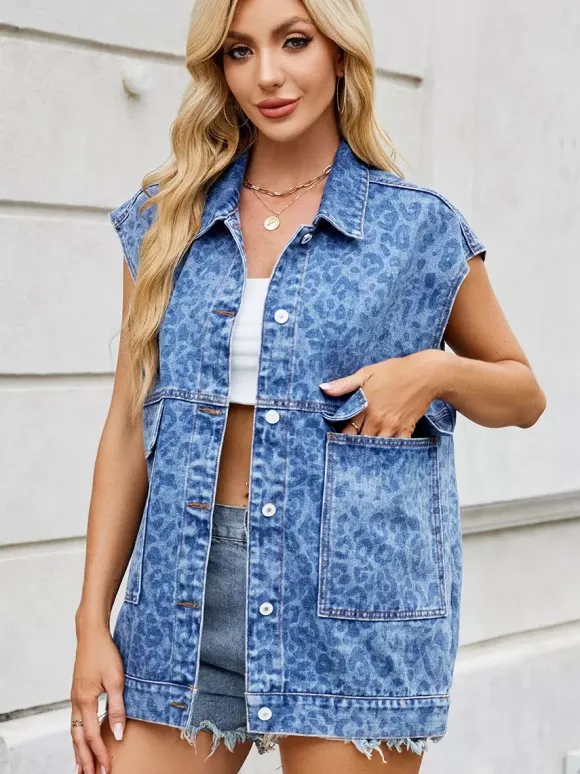 Leopard Print Denim Vest For Women - Animal Pattern Oversized Sleeveless Jean Jacket Coat - Spring Summer Streetwear 2026